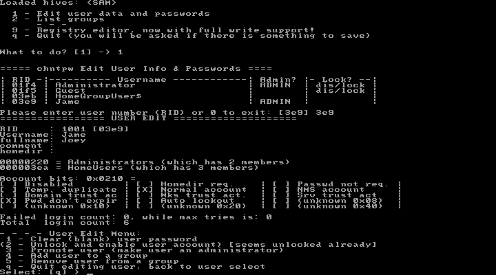 очистить пустой пароль пользователя с помощью NTPassword