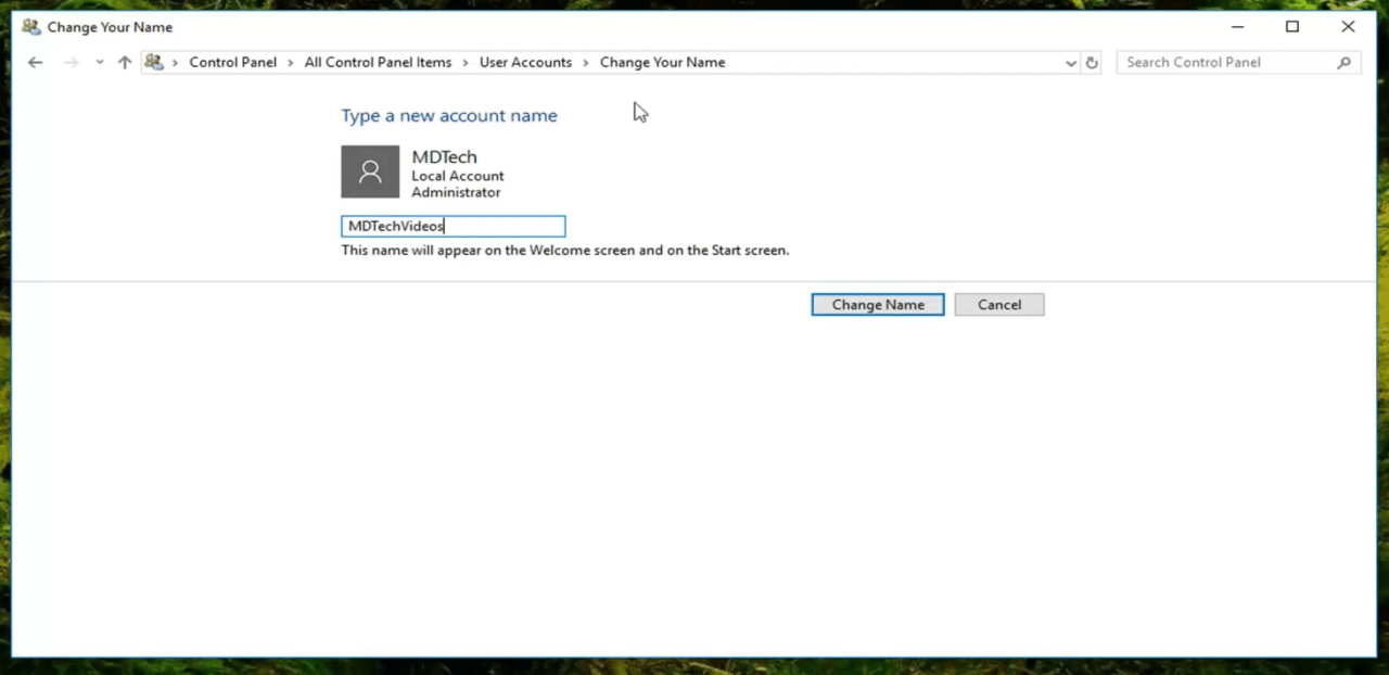 нажмите Изменить имя, чтобы изменить имя администратора в Windows 10