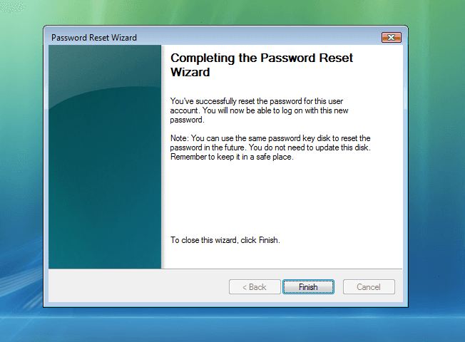 Завершение работы мастера сброса пароля Windows 7