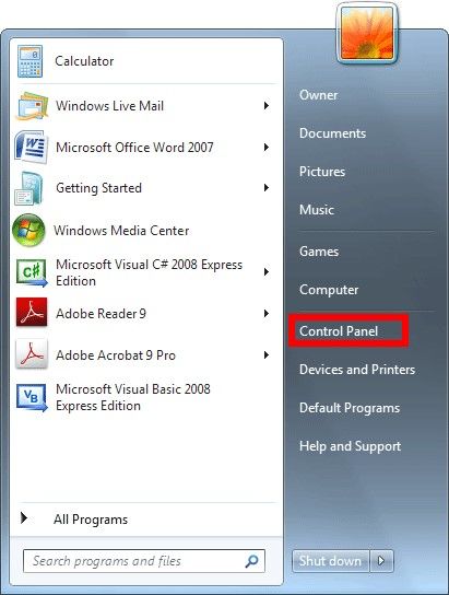 Перейти в панель управления в Windows 7