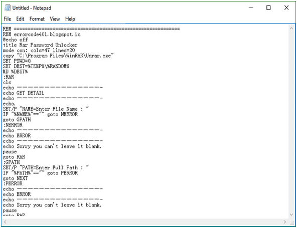 Код для пакетного скрипта для удаления пароля Winrar