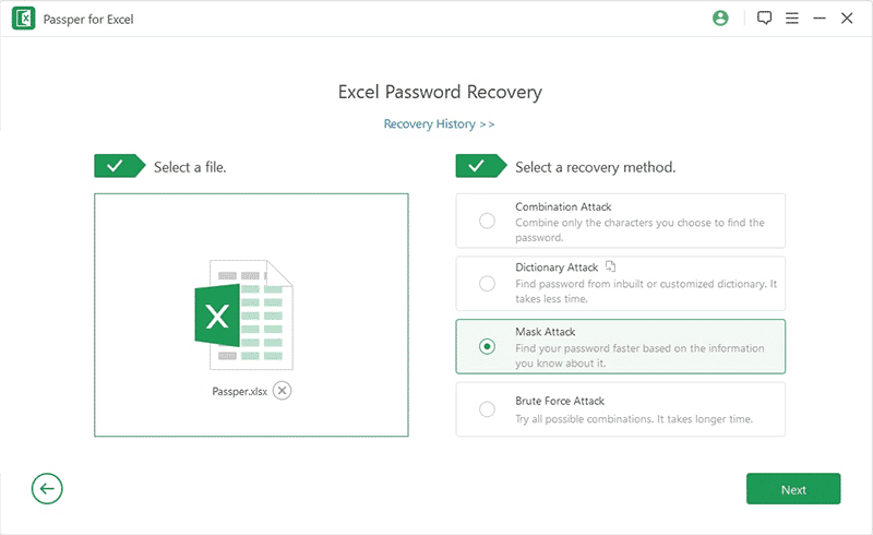 импортировать лист Excel 2010 и выбрать метод восстановления пароля