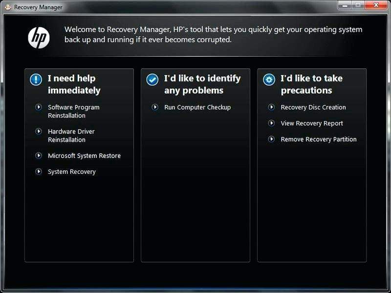 Выберите восстановление системы в HP Recovery Manager