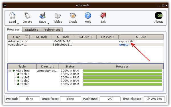 ophcrack sucssfully crack windows 7 password