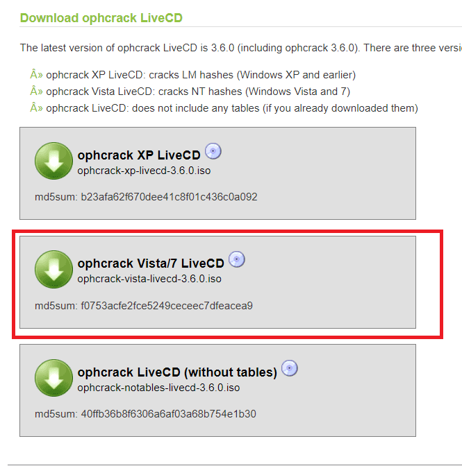 Выбрать ophcrack Vista/7 LiveCD