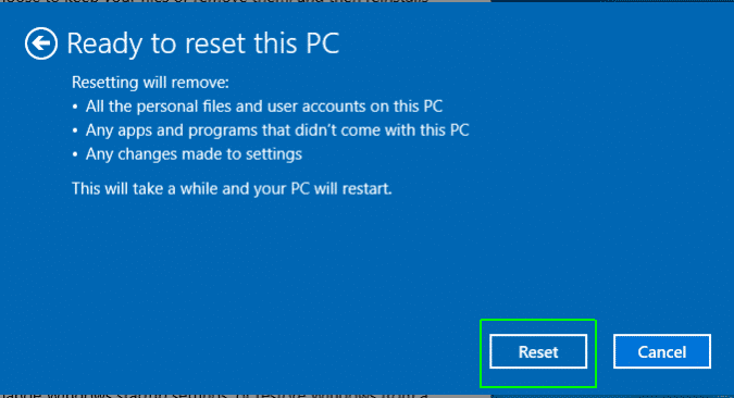 Pick Reset для сброса к заводским настройкам ноутбука Acer Windows 10 password