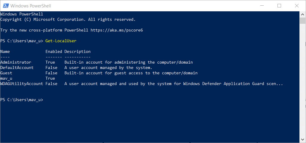 Команда Get-LocalUser в PowerShell
