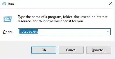 Введите notepad.exe в приложение Выполнить