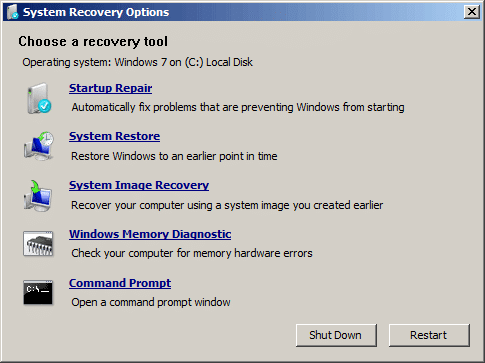 windows 7 command prompt system recovery options